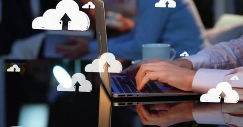 Image of up arrow in clouds over cropped hands of caucasian man typing on Stockfoto's