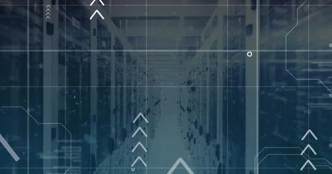 Image of arrow, computer language, letters over data server room Stock Photos