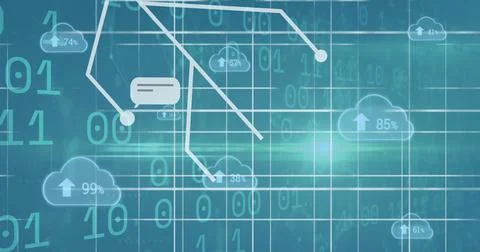 Image of arrow, countdown from 0 to 100 in clouds against binary codes on a.. Foto stock