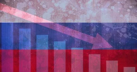 Image of arrow falling down, graphs and financial data over flag of russia Ilustración de archivo