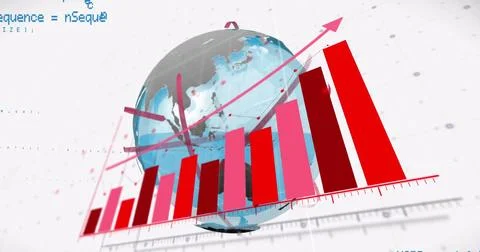 Image of arrow on graph with globe and computer language over white background Stock-Illustration