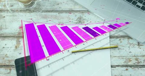 Image of arrow on graph over coffee cup, cellphone and laptop on wooden table Ilustración de archivo