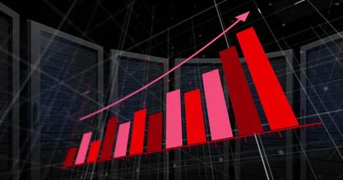 Image of arrow on graph over grid pattern over server system racks in background Stock Illustration