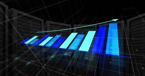 Image of arrow on graph over grid pattern over server system racks in background Stock Illustration