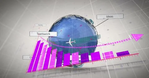 Image of arrow on graph with text in rectangles and flying airplanes around Stock Illustration