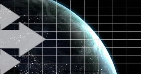 Image of arrow on grid pattern and rotating globe over black background Stock Photos