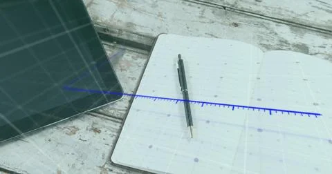 Image of arrow on growing graph over laptop, cellphone and digital tablet, pen 스톡 일러스트