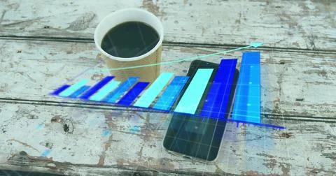 Image of arrow on growing graph over coffee cup and cellphone on wooden table Ilustración de archivo
