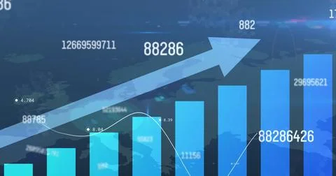 Image of arrow, increasing numbers over bar graph against world map Foto stock