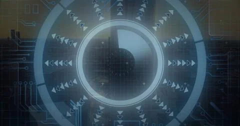 Image of arrow in loading circle and circuit board pattern over aerial view of Stock Photos