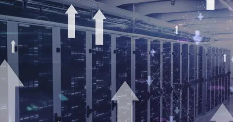Image arrow moving upwards over illuminating data server racks Stock Photos