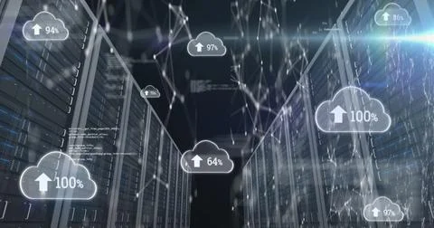 Image of arrow, numbers in cloud, connected dots and computer language over data Stock Photos