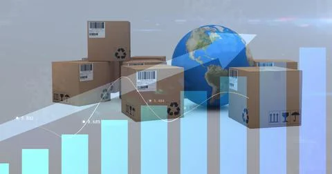 Image of arrow with statistics over globe and cardboard boxes in background Ilustración de archivo