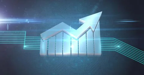 Image of arrow with statistics over glowing lines and computer circuit board Stock Illustration