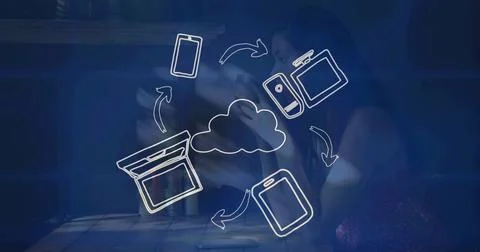 Image of arrows and computers over women drinking coffee Stock Photos