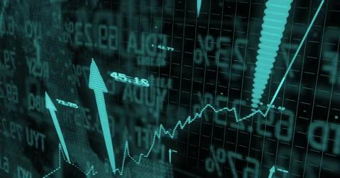 Image of arrows and financial data processing over black background Foto stock