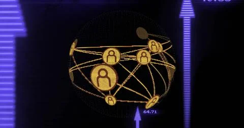 Image of arrows and network of connections with people icons over globe Illustrazione stock