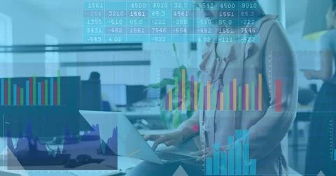 Image of arrows, binary coding and data processing over biracial business woman Stock Photos