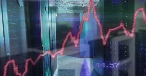 Image of arrows, changing numbers, graphs over data server room Foto stock