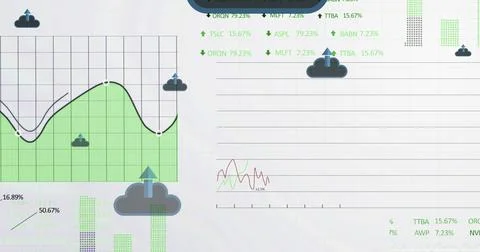 Image of arrows with clouds over financial data processing Stock Illustration
