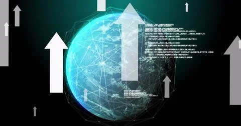 Image of arrows, data, connections and globe on black background Stock Photos