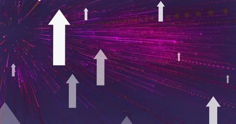 Image of arrows pointing up over pink and purple light trails pattern Stock Illustration