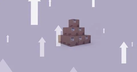 Image of arrows pointing up over stack of boxes on purple background Stockillustratie