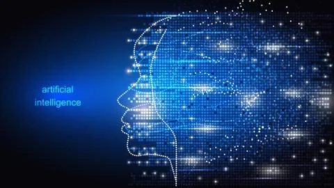 Image of artificial intelligence in the form of a luminous human head. Science Stock Illustration