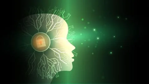 Image of artificial intelligence in the form of a luminous human head. Stock Photos
