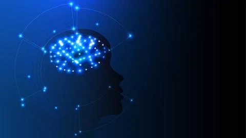 Image of artificial intelligence in the form of a luminous human head. Stock Photos