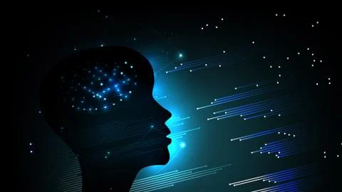 Image of artificial intelligence in the form of a luminous human head. Stock Photos