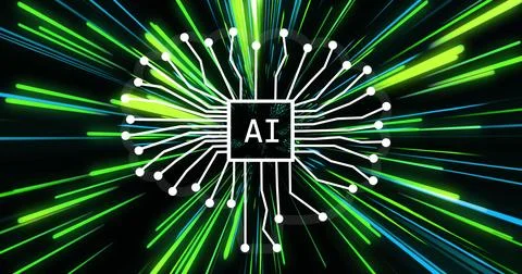 Image of artificial intelligence over green and blue neon light trails Stock Photos