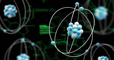 Image of atom model spinning and data processing on black background 스톡 사진
