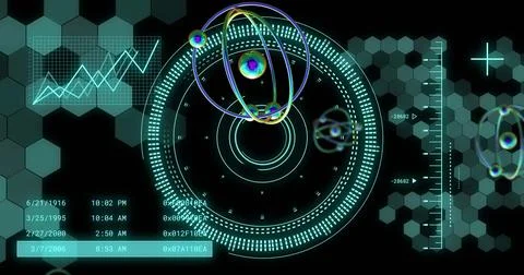 Image of atom model spinning and data processing on black background Stockfoto's