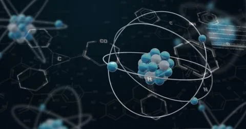 Image of atom model spinning and data processing on black background Stockfoto's