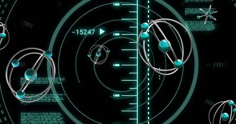 Image of atom model spinning and data processing on black background Stock Photos
