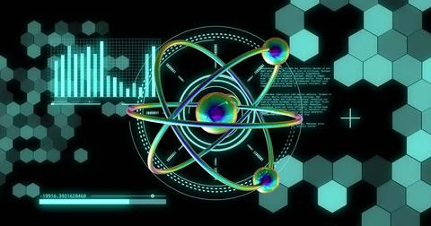 Image of atom model spinning and data processing on black background 库存照片