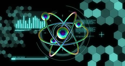 Image of atom model spinning and data processing on black background Stockfoto's