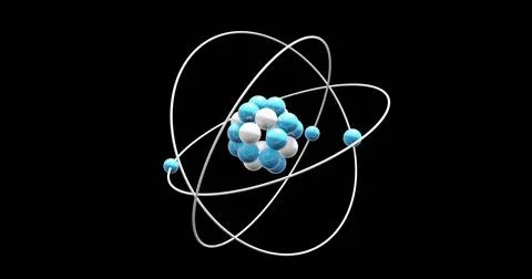 Image of atom model spinning on black background Stockfoto's