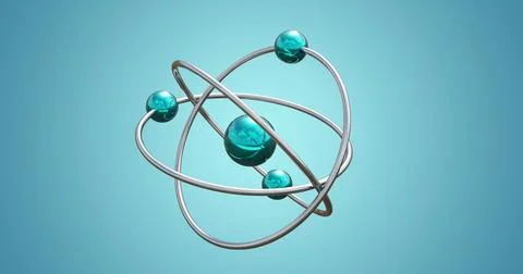 Image of atom model spinning on blue background 写真素材