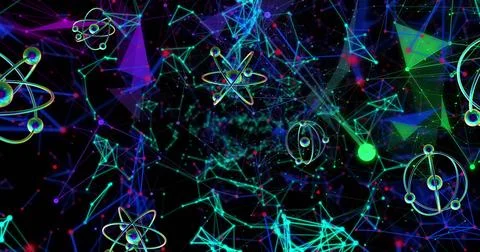 Image of atom models spinning and connections on black background 写真素材