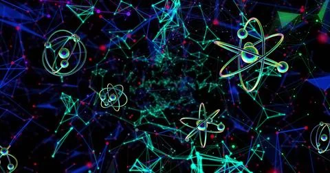 Image of atom models spinning and connections on black background 写真素材