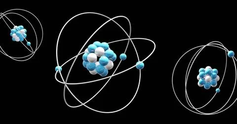 Image of atom models spinning on black background Stockfoto's