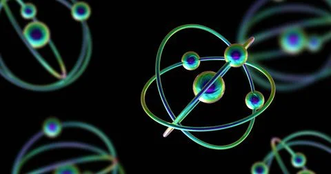 Image of atom models spinning on black background 스톡 사진