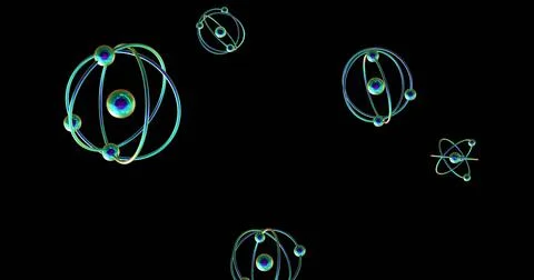 Image of atom models spinning on black background 写真素材
