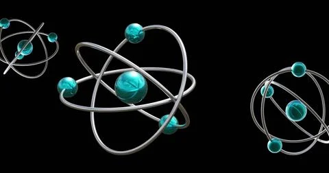 Image of atom models spinning on black background Stockfoto's