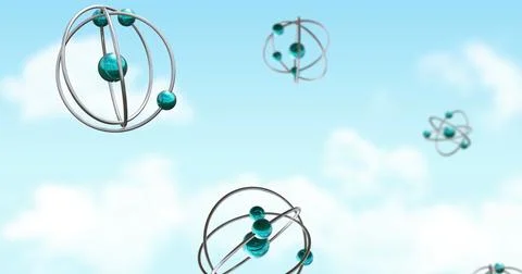 Image of atom models spinning on clouds on blue background Stock Photos
