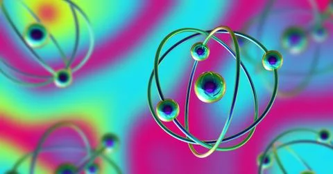 Image of atom models spinning over multicoloured vibrant background 库存照片