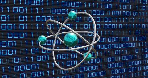 Image of atom over binary coding data processing on black background Stock Illustration