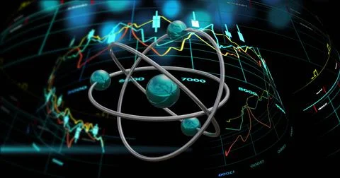 Image of atom spinning and digital data processing over black background Stock Illustration